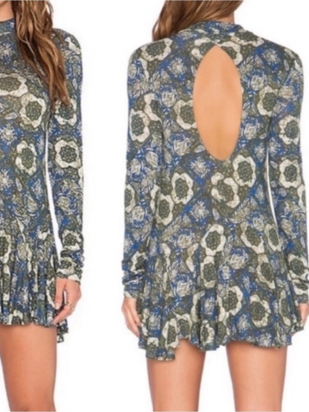 Free People, Annabelle, Floral Long-Sleeve Cutout Mini Dress - Blue/Green